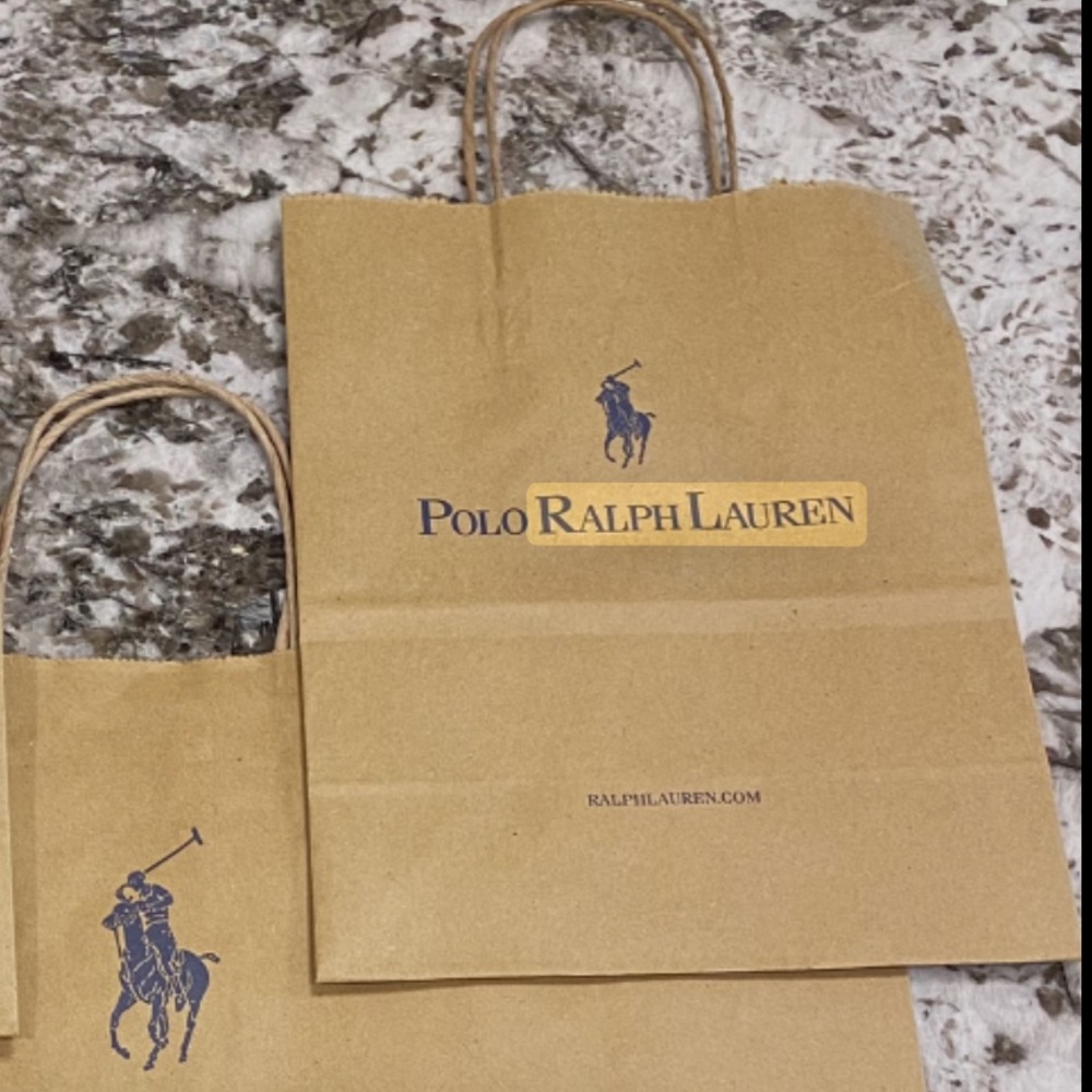 🛍️ 2 Polo by Ralph Lauren Tan Paper Shopping Bags with Iconic Logo 🛍️16X12 X8X12